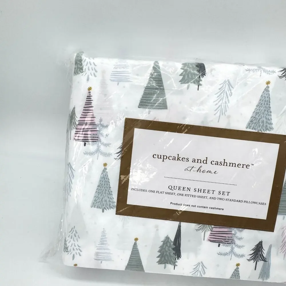 Cupcakes & Cashmere Amsterdamn Trees Pastel Christmas Tree QUEEN Sheet Set NEW